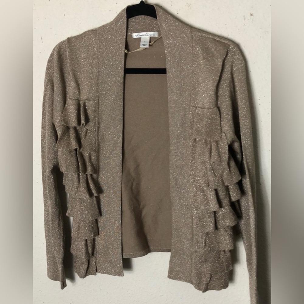 Kenneth Cole Sparkle Gold ruffled Knit cardigan sweater top- Size Small